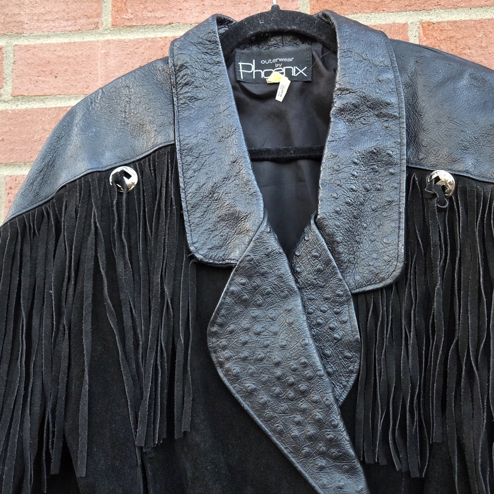 Outerwear By Phoenix Suede Fringed Ostrich Print Leather Vintage Women's Jacket - Picture 4 of 8
